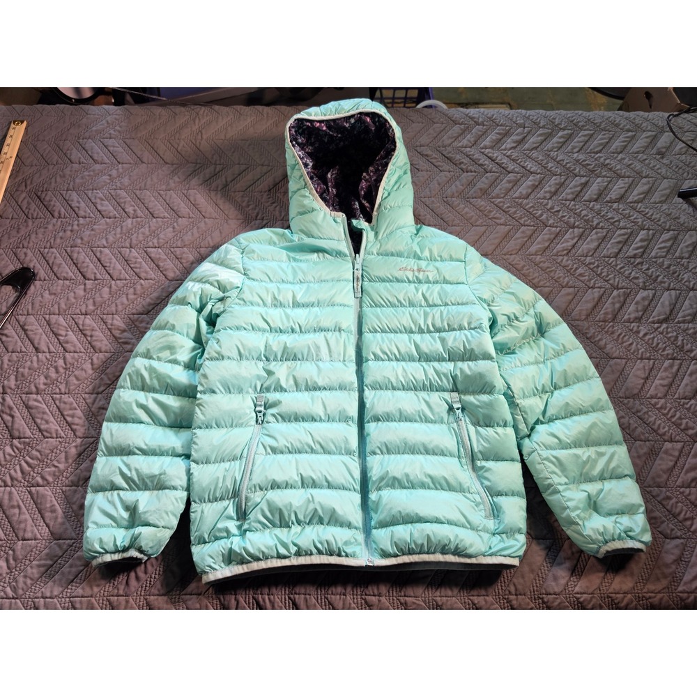 Eddie Bauer Kids Aqua Blue Puffer Jacket Hooded Floral Lining Full Zip Size L